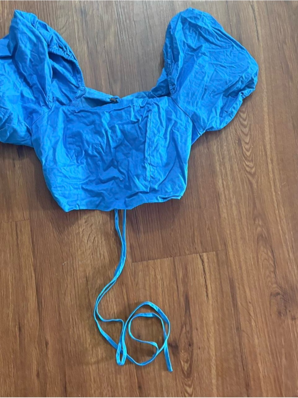 Blue Puff-Sleeve Crop Top with Tie-Front
